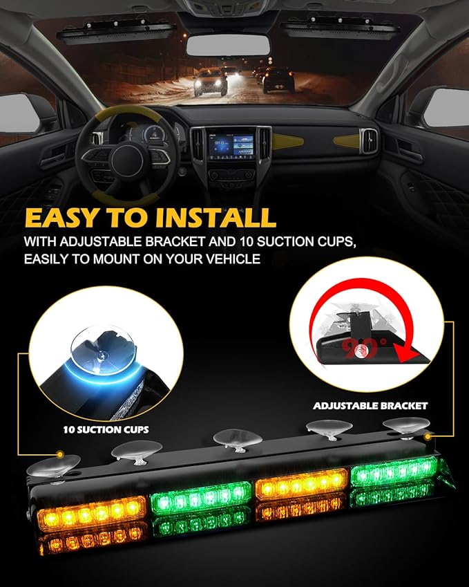 HLauto 604N Emergency Dash Strobe Lights: 2x16.8 inch Green Amber Security Light w/Take Down, 48 LED Safety Flashing Warning Hazard Interior Windshield Light Bar for Trucks Vehicles