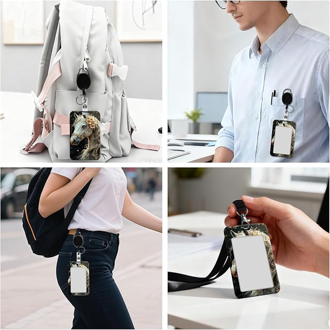 ID Badge Holder with Retractable Lanyard for Women & Men,Vertical ID Card Holder Wallet,Clear Window&Card Slot,Detachable Neck Strap for Nurse Teacher Office,Floral White Horse