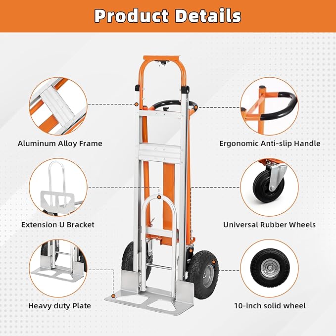 Aluminum 4 in 1 Convertible Hand Truck Dolly, 1000Lbs Capacity, Heavy Duty Folding Hand Truck Dolly Cart with Wheels 10" Solid, 2 Safety Strap, Hand Trucks for Logistics, Moving Home, Shopping, Office