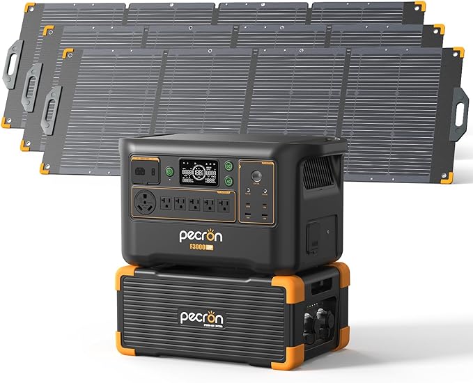 Pecron Portable Power Station F3000LFP with 3072Wh Extra Battery, 200W Solar Panel*3, 3072Wh Solar Camping Generator, 3600W Solar Generator for RV, Home Use, CPAP