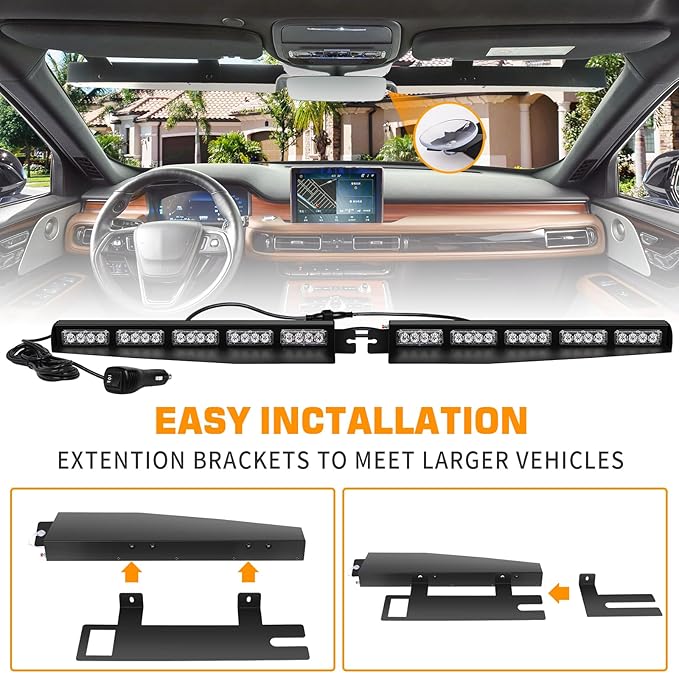 XRIDONSEN 34 inch Amber Green Emergency Visor Strobe Lights 40 LED Warning Flashing Hazard Safety Light Interior Front Windshield Lights w/White Take Down for Tow/Plow Trucks Construction Vehicles