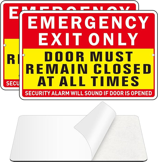 Emergency Exit Only Sign, (2 Pack) Self Adhesive Emergency Exit Sign Sticker for Door, Rust Free and Reflective Aluminum Metal Signs for Wall (9 x 6 inches, Red/Yellow)