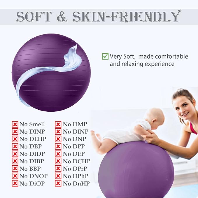 Soft Exercise ball, Anti-Burst Yoga Ball Chair Supports 2200lbs, Workout Equipment w/ Pump for Pregnancy Medicine Birthing Physical Therapy Stability Excersing Birth Swiss Fitness Gym Physio Labor Abs