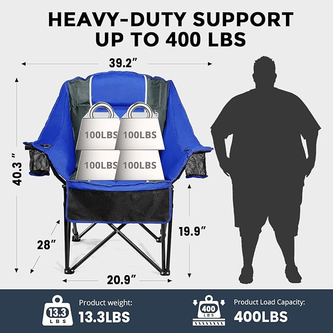 Oversized Folding Camping Chair for Adults Heavy Duty Padded Outdoor Chairs Big and Tall XL Picnic Chair with Cup Holders 400lb Capacity, Comfy for Lawn Sports and Outside Use