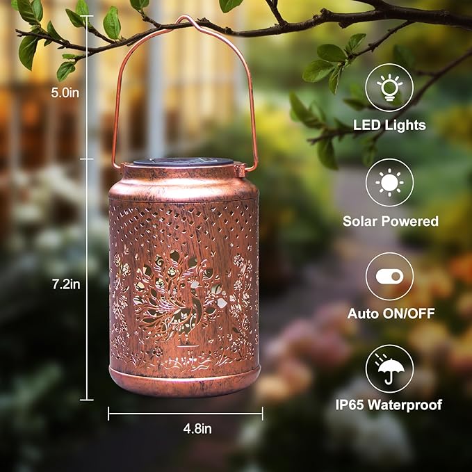 YISITEONE Peacock Outdoor Solar Lanterns, Garden Waterproof Metal Hanging Decor Lights for Patio Yard Pathway Lawn Front Porch, Birthday Gardening Gifts for Women Mom Grandma