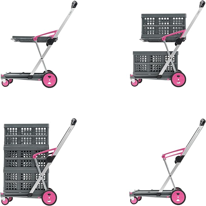 CLAX® The Original | Made in Germany | Multi Use Functional Collapsible Carts | Mobile Folding Trolley | Storage Cart Wagon | Shopping Cart with 2 Storage Crates (Pink)