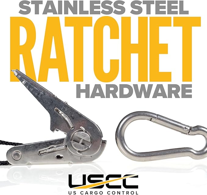 US Cargo Control Stainless Steel Ratchet Straps with Carabiner Hooks 1" X 10' (4-Pack), 500 LBS Break Strength, Marine Tie Down Straps for Boats, ATVs, Trees, Camping, Snow & Saltwater Applications
