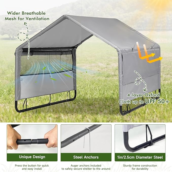 Large Dog House Shade Shelter Outdoor Tent for Large Medium Dogs, Outside Sun Rain Canopy Pet House for Homeless Cats Pigs Livestock with Rainproof Cover with Artificial Grapevine Leaves