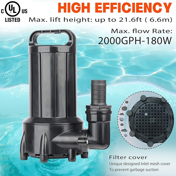 WaterRebirth (PB2000,2000GPH) High Flow Submersible Water Pump-Home/Inline Water Pump-Submersible Pump-Water Transfer Pump-Aquarium Pump
