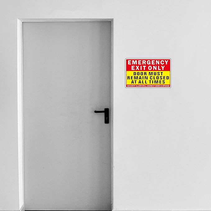 Emergency Exit Only Sign, (2 Pack) Self Adhesive Emergency Exit Sign Sticker for Door, Rust Free and Reflective Aluminum Metal Signs for Wall (9 x 6 inches, Red/Yellow)