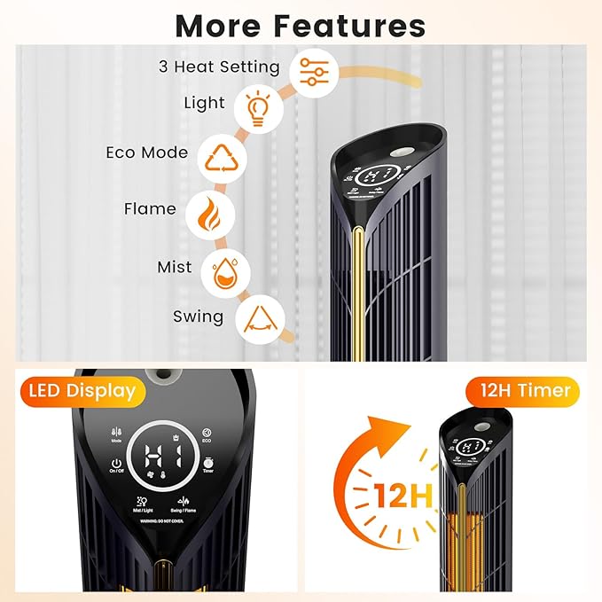 VCJ 28" Space Heaters, 1500W 12H Timer Electric Heater for Indoor Use, Remote, 120° Oscillation, Water Mist, Overheat & Tip-Over Protection, Quiet Portable Tower Heater for Bedroom Living Room Garage