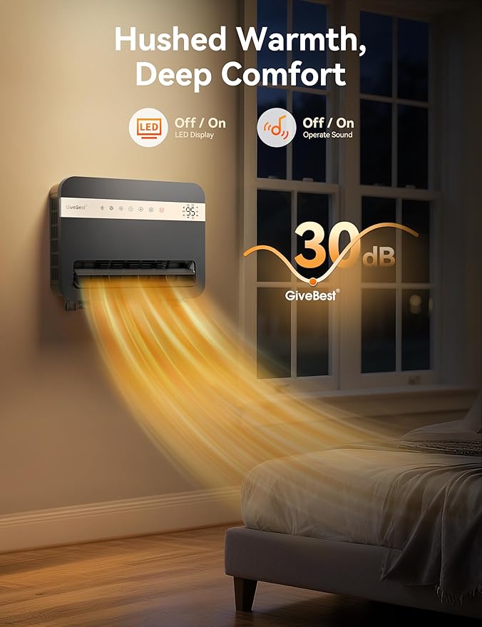 Givebest-Wall-Heater-for-Indoor-Use, 1500W Electric-Space-Heater, 120°Vertical Oscillation,Works with Alexa, Adjustable Thermostat, Remote Control, 24H Timer, Easy-mounted Heater for Indoor Use,Black