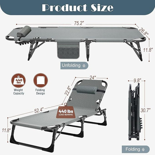 ABORON Patio Lounge Chair, Folding Guest Bed Cot for Adults, 500LB Heavy-Duty Capacity, Portable Extra Bed with Comfort Mat, Quick Fold Design for Indoor Guest Stays & Temporary Use