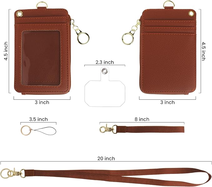 2-in-1 ID Badge Holder & Lanyard Wallet - Multi-Use Womens Small Wallet with Removable Wristlet & Neck Lanyard, Clear Window, 5 Card Slots, Phone Holder, Ring Keychain - Brown