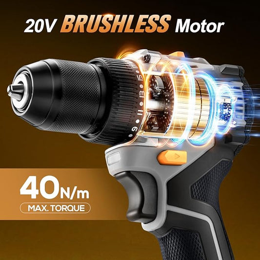 20V Brushless Cordless Lithium-Ion Drill Set, Compact Design, Gray Rechargeable Lithium-Ion Drill Kit, including 2.0Ah Battery, Charger and 3/8-inch Keyless Chuck