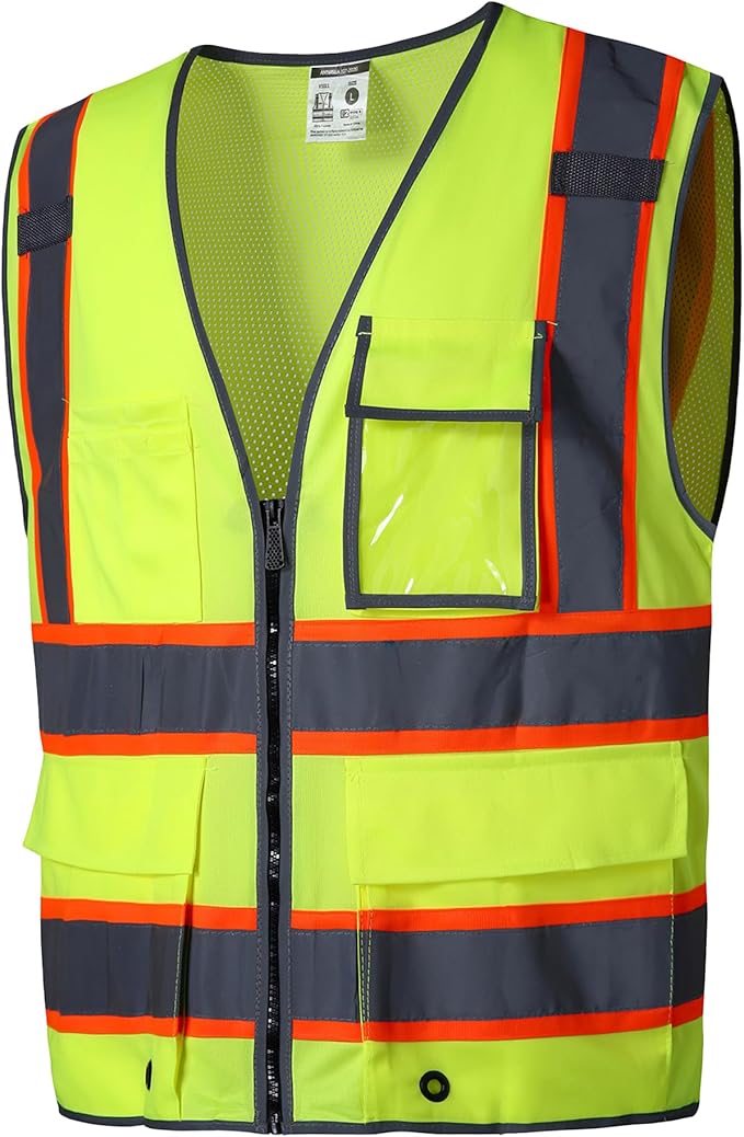 SKSAFETY 10 Pockets Safety Vest, Class 2 High Visibility Security with Zipper Back Mesh, Hi Vis Vest with Reflective Strips, ANSI/ISEA Standard, Construction Work Vest for Men ＆ Women （Lime, 5XL）