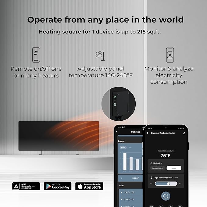 AENO Infrared Heater - With Thermostat - 700 Watt Energy Saving Panel Electric Heater - Smart Wall Mount or Freestanding Space Heater For Indoor with WiFi, Reddot Winner 2023, Black