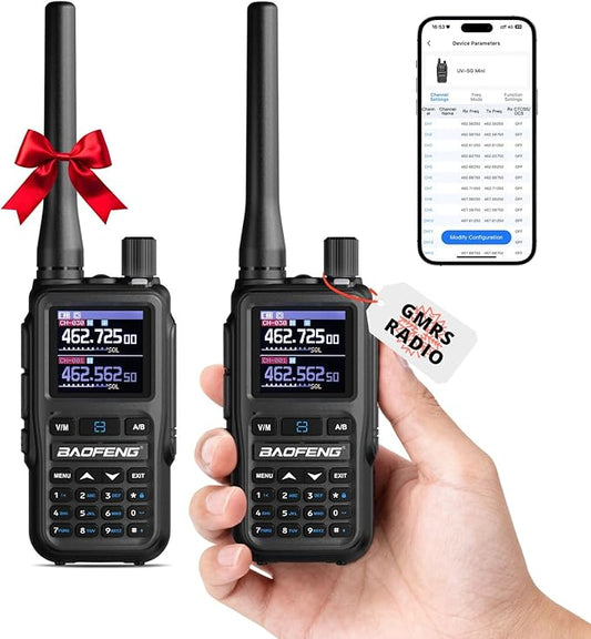[Chirp Compatible] Baofeng UV-5G Mini GMRS Handheld Radio with BT App Programming, Long Range Walkie Talkie GMRS Repeater Capable, with 8-Band Receiver, Dual PTT, 999 Channels, for Off-Road, 2 Pack
