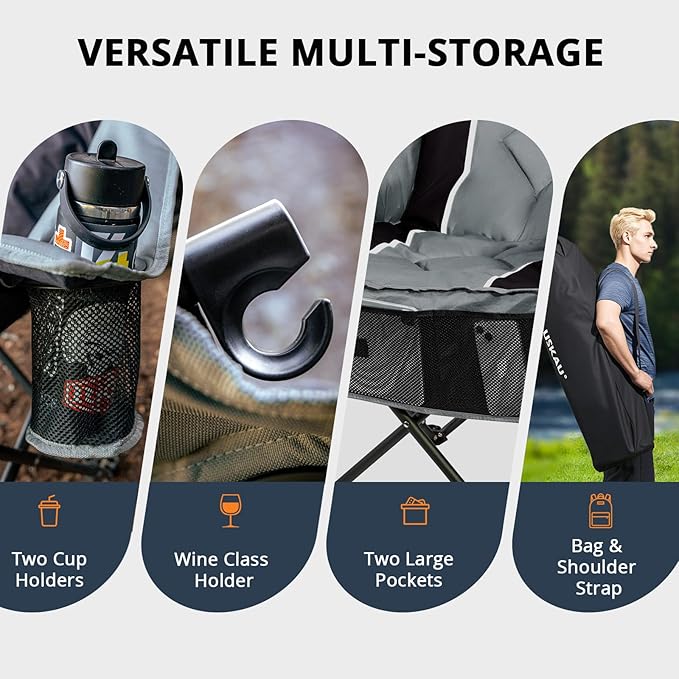 Oversized Folding Camping Chair for Adults Heavy Duty Padded Outdoor Chairs Big and Tall XL Picnic Chair with Cup Holders 400lb Capacity, Comfy for Lawn Sports and Outside Use