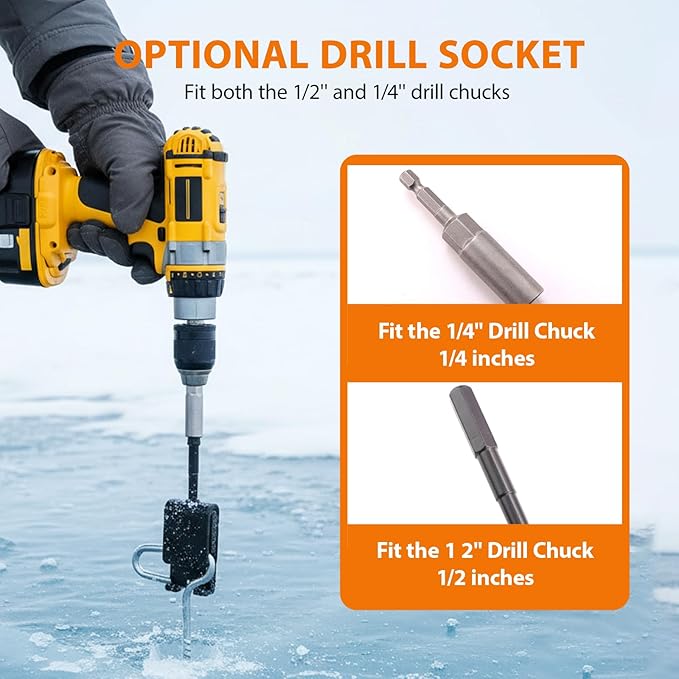15 Pcs Ice Fishing Anchor Tool Kit – Includes 6 Ice Tent Stakes, 6 Adjustable Rope Hangers (118" Length), Ice Anchor Drill Adapter with 1/4" Adapter Head Storage Bag for Ice Fishing Shelters Tents