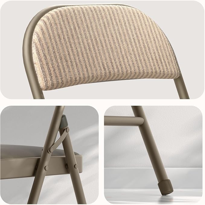 Nazhura 4 Pack Folding Chairs, Fabric Dining Chair Set with Padded Cushion and Back, Indoor Outdoo Seat for Home Office Events Wedding Party (Oatmeal Strip Fabric Seating)