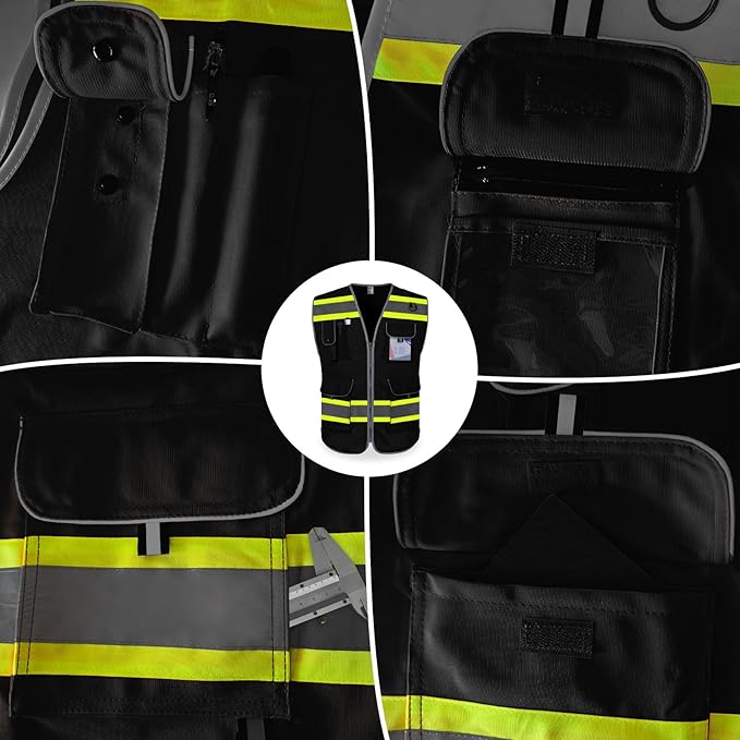 TCCFCCT Work Vest for Men Women 9 Pockets High Visibility Safety Vest with Fluorescent Yellow Extend Edge, Hi Vis Reflective Vest for Workers, Surveyors, Meets ANSI/ISEA, (DB-Black, 4X-Large)