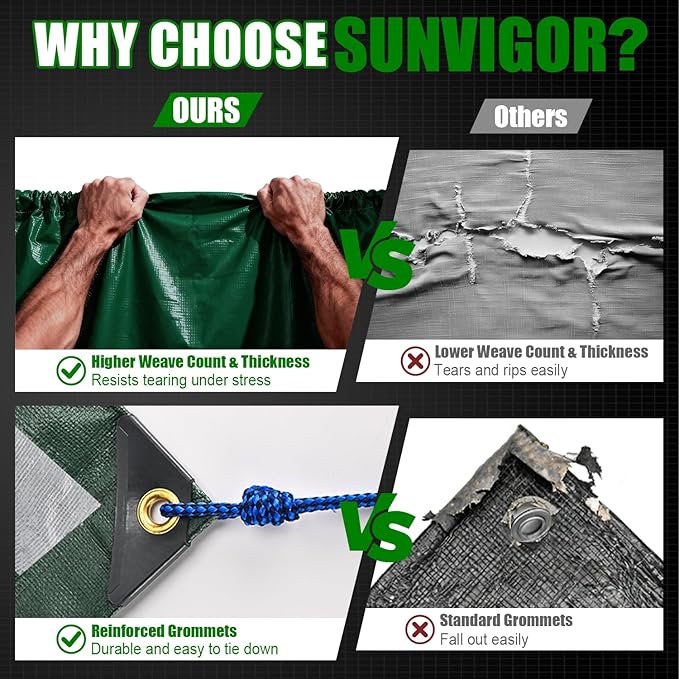 Sunvigor Tarp Waterproof 8x10Ft, Extra Thick 16 Mil Heavy Duty Tarp Cover, Tear & Fade Resistant, Outdoor Tarps with Brass Grommets and Reinforced Edges for Roof, Camping, Patio, Boat (Green/Silver)