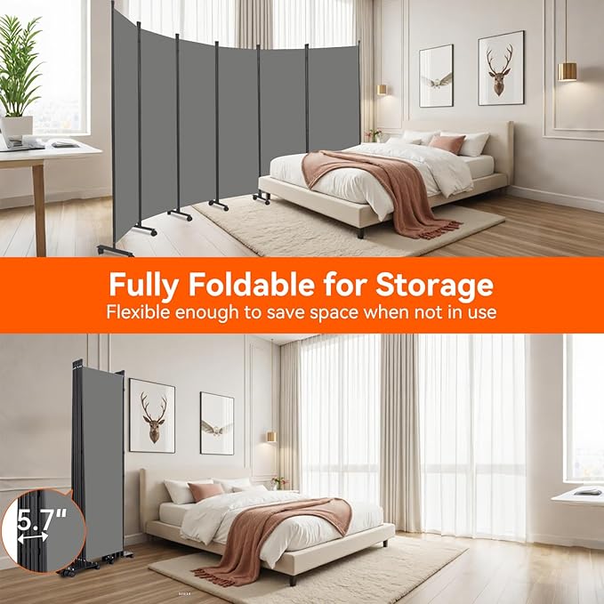 Room Divider 132''W Wall Divider for Room Partition (Heavy Duty Base) 6 Panel Partition Room Dividers, Freestanding Room Divider Screen Separation W/Wheel Folding Privacy Screen Panel Space Separator