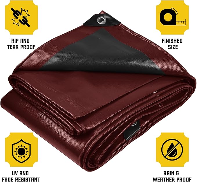 Core Tarps Extreme Heavy Duty 20 Mil Tarp Cover, Waterproof, UV Resistant, Rip and Tear Proof, Poly Tarpaulin with Reinforced Edges for Roof, Camping, Patio, Pool, Boat (Maroon/Black 24′ X 50′)