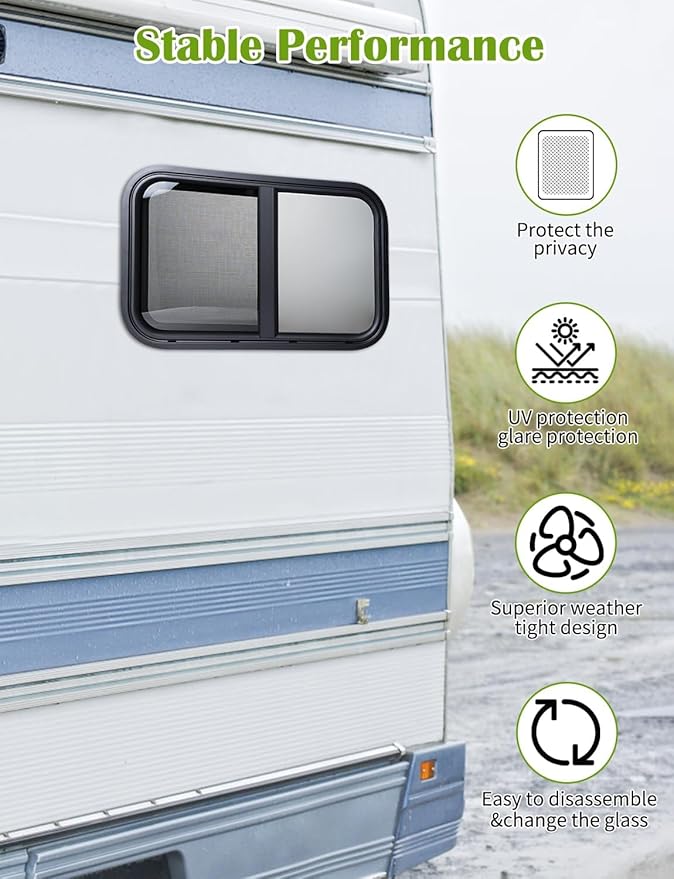 24"x20" RV Sliding Window - Horizontal Teardrop Style, DOT-Certified Tempered Glass & Trim Kit, Aluminum Alloy Frame w/Mesh Screen