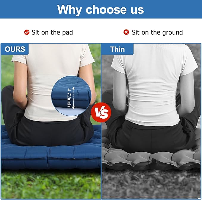Sleeping Pad, 4.7" Extra-Thick & Ultralight Inflatable Camping Mat with Pillow, Built-in Foot Pump, Compact for Backpacking, Camping, Hiking, Travel — Navy Blue