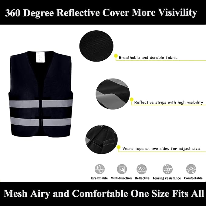 Black Safety Vests 10 Pack - Reflective High Visibility Construction ANSI Class 2 Work Vests for Men,Woman,Hi Vis Mesh and Neon Silver Strip