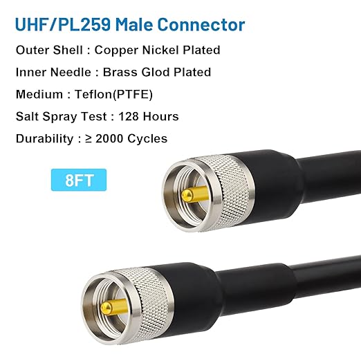 8ft KMR400 PL259 Male to Male Coaxial Cable - Low Loss UHF Cable for HAM, VHF Radio, SWR Meter, Antenna Analyzer