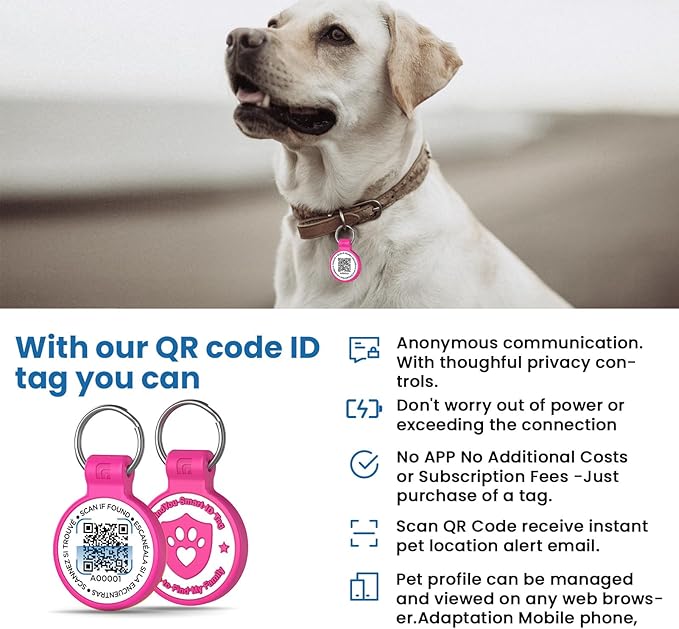 Silicone Dog Tags Personalized for Pets with QR Code, Emergency Contact Info, Anti-Lost, Scan Location Alerts(Rose Red-L)