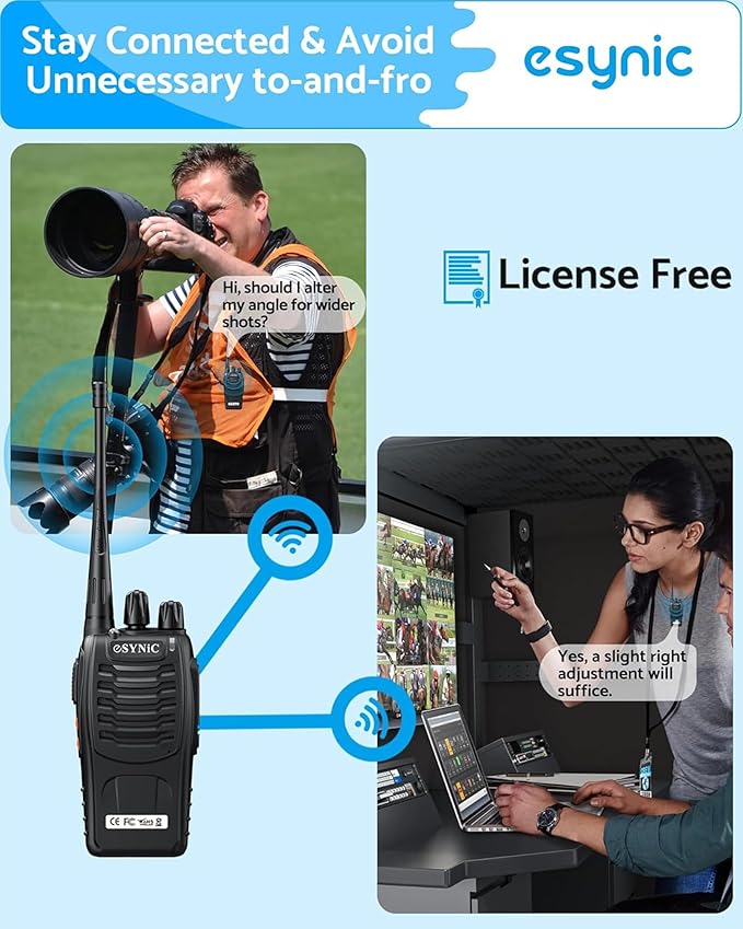 eSynic 2 Pack Walkie Talkies 5KM Long Range Walky Talky 16CH Rechargeable VOX 2 Way Radios with 2 Headsets & Belt Clips Wonderful Gifts for Kids & Adults for Camping, Hiking, Job Site & Family Use