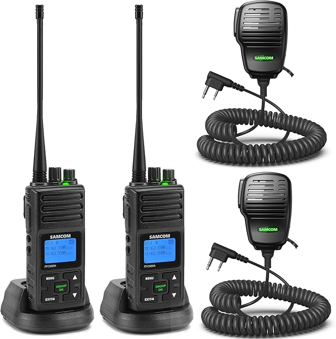 SAMCOM FPCN30A 5Watt Walkie Talkie Long Range Two Way Radio Rechargeable with Speaking Mic, SAMCOM 2-Way Radios Heavy Duty Walky Talky with Shoulder Mic, 2 Packs