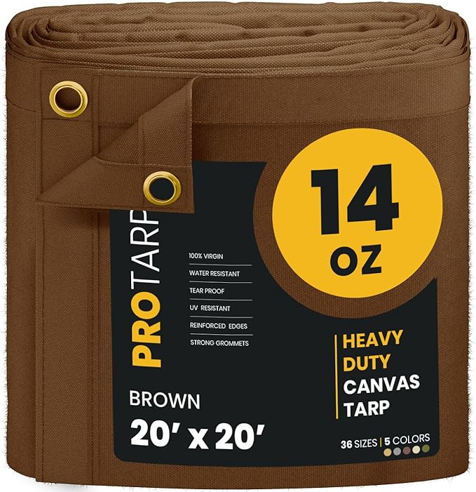 PROTARP Heavy Duty 14 OZ Water Resistant Canvas Tarp, UV Resistant Tarpaulin Cover with Rustproof Brass Grommets, Multipurpose for Canopy, Roof, Camping, Woodpile (Brown 20'X20')