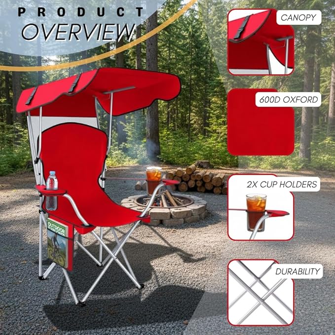 Portable Folding Camping Chairs with Canopy Shade, Beach Chair for Adults, Durable Weather Resistant 600D Oxford Cloth, Camping Chair with Canopy for Outdoors [Red-2 Pack]