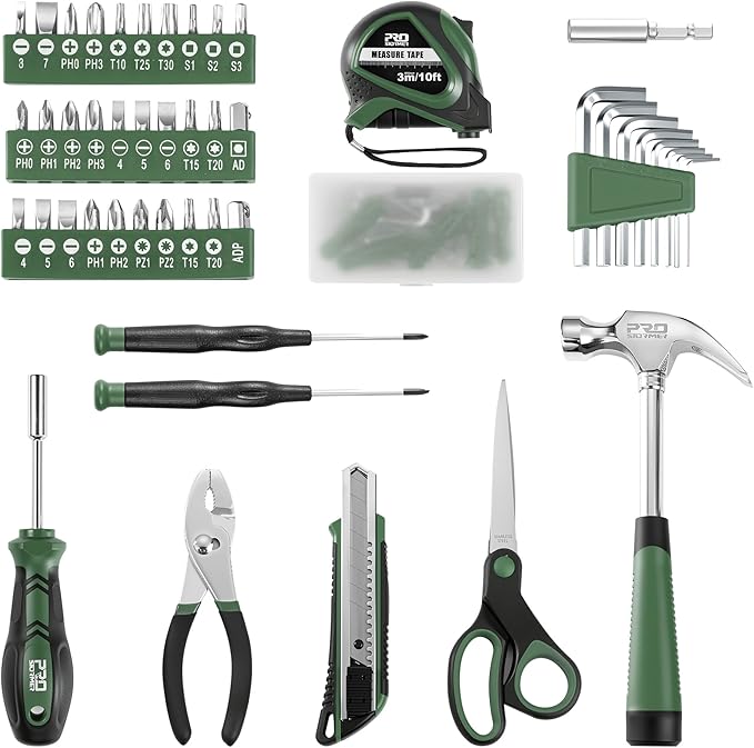 Prostormer 93-Piece Tool Kit, Basic Household Repair Tool Set with Toolbox Storage Case, Small Starter Tool Box Kit for Homeowners and College Students (Green)