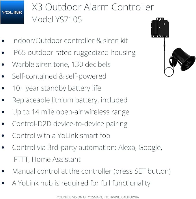 YoLink X3 Version Outdoor Alarm Controller, Ruggedized Battery-Powered Siren/Alarm/Relay Controller, Up to 1/4 Mile Open-Air Range, 130dB Siren, Alexa Assistant, Google, IFTTT, Hub Included