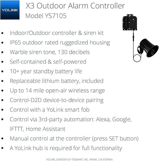 YoLink X3 Version Outdoor Alarm Controller, Ruggedized Battery-Powered Siren/Alarm/Relay Controller, Up to 1/4 Mile Open-Air Range, 130dB Siren, Alexa Assistant, Google, IFTTT, Hub Included