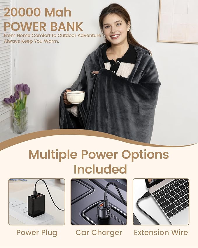 Cordless Heated Blanket with Hood, Rechargeable Wearable Heated Blanket Battery Powered with 20000 mAh Battery, 9 Heating Zones, 3 Levels, Portable Heated Throw Blanket, Heated Shawl, Camping Blanket