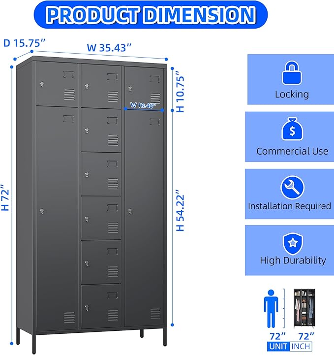 Metal Lockers for Employees with 10 Doors, 72" H Steel Lockable Storage Lockers with 6 Hooks and 10 Card Holder for Office, Home, Gym, School, Employees, Dark Grey