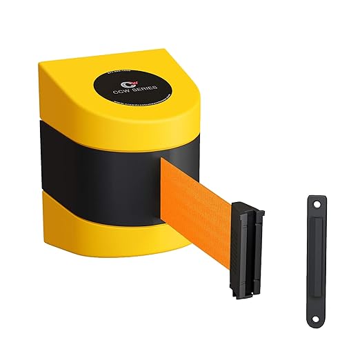 Crowd Control Warehouse - CCW Series WMB-220 Fixed Wall Mount Retractable Belt Barrier - 15 Foot, Fluorescent Orange Belt with Yellow ABS Case