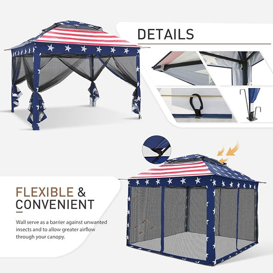 COOS BAY 11x11 Pop-Up Instant Gazebo Tent with Mosquito Netting Outdoor Canopy Shelter with 121 Square Feet of Shade (American Flag)
