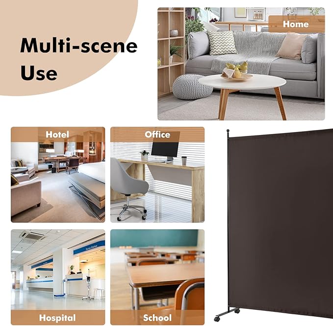 Giantex Room Divider Large Single Panel, 73''W x 73''H Privacy Screen with Lockable Wheels, Rolling Room Divider Panel for Home Office Studio, Partition Fabric Wall Divider for Room Separation, Brown