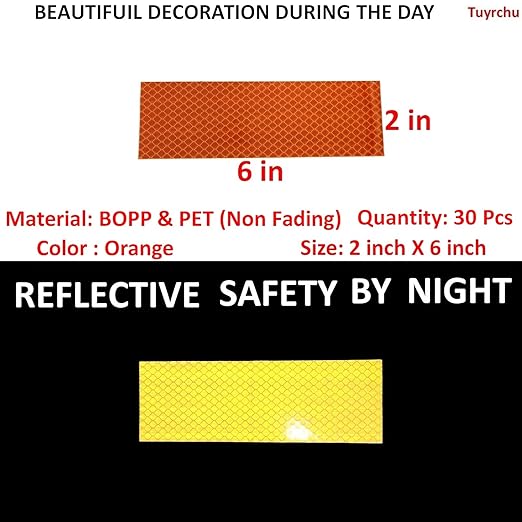 Orange Reflective Stickers 2 inch X 6 inch, Outdoor Waterproof High Visibility Warning Safety Adhesive Reflector Tape (30 Pcs)