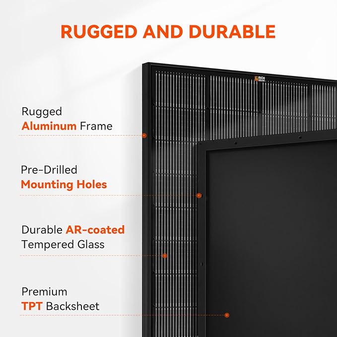 RICH SOLAR 250 Watt 12 Volt 18BB Monocrystalline Solar Panel N-Type Cells High Efficiency Solar Module for RV Trailer Camper Marine Off Grid All Black