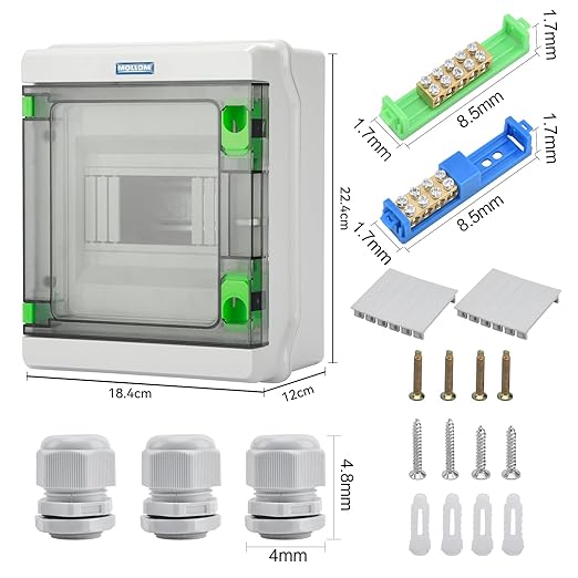Mollom 6 Way HA Series Power Distribution Box with Bus Bars and Din Rail for Miniature Circuit Breaker MCB,Waterproof IP66,Solar Power Distribution Panel for Indoor and Outdoor Use