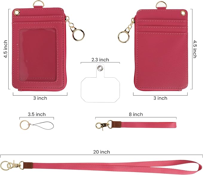 2-in-1 ID Badge Holder & Lanyard Wallet - Multi-Use Womens Small Wallet with Removable Wristlet & Neck Lanyard, Clear Window, 5 Card Slots, Phone Holder, Ring Keychain - Hot Pink